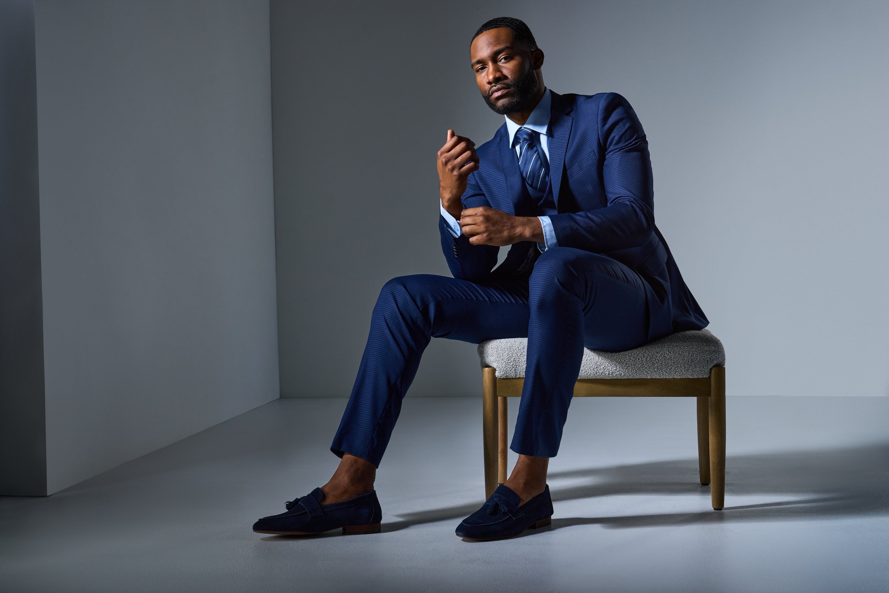 black dress shirt blue suit Tomasso Black - Navy Blue Suit