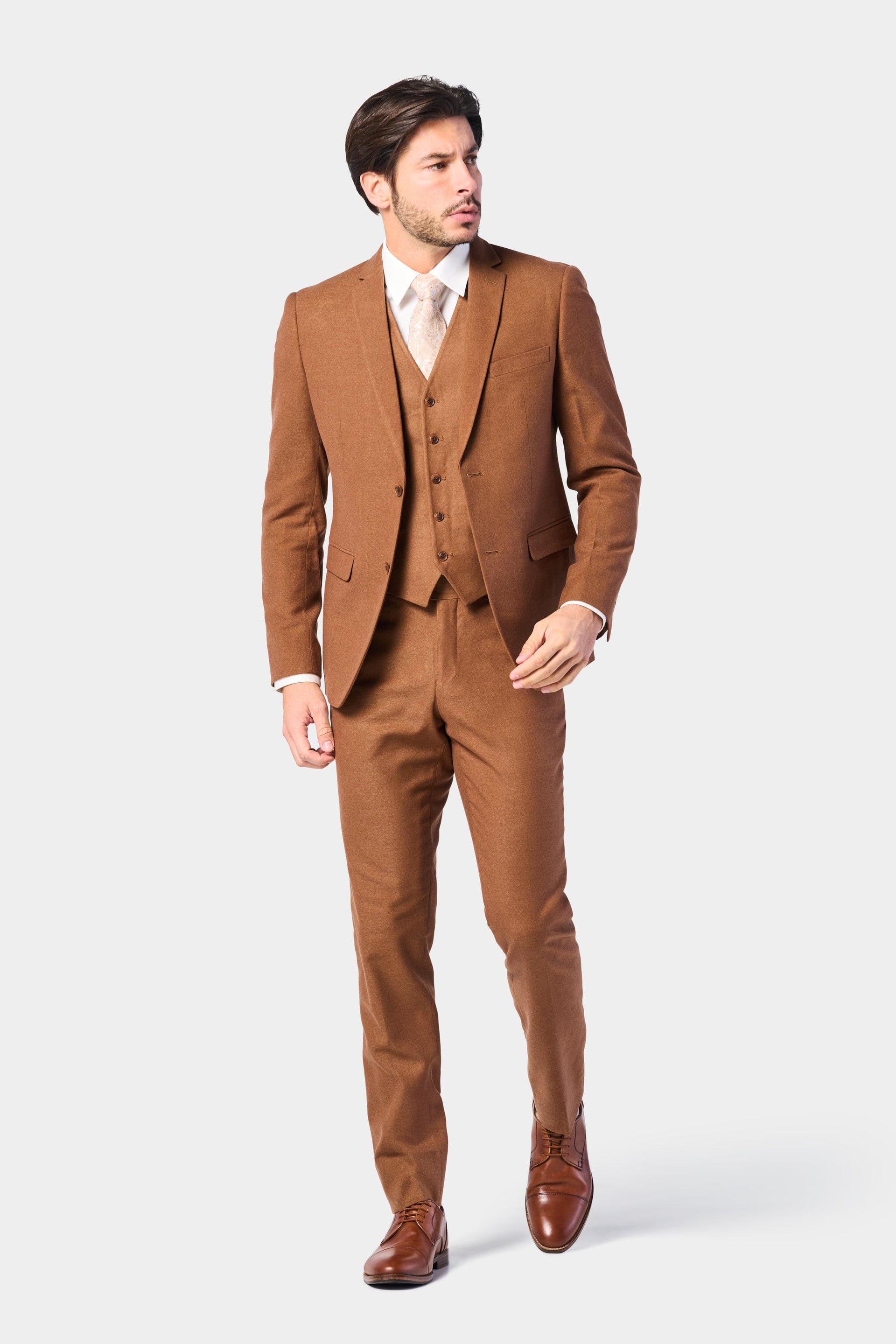 brown dress suit Indochino Men's Custom Monza Royal Flannel Brown Suit