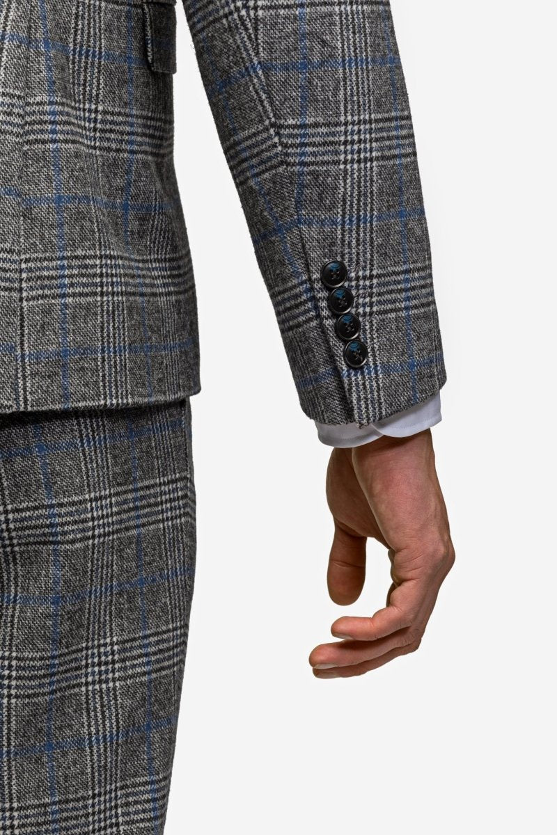 Gray Blue Flannel Plaid 3 Piece Suit - MenSuits