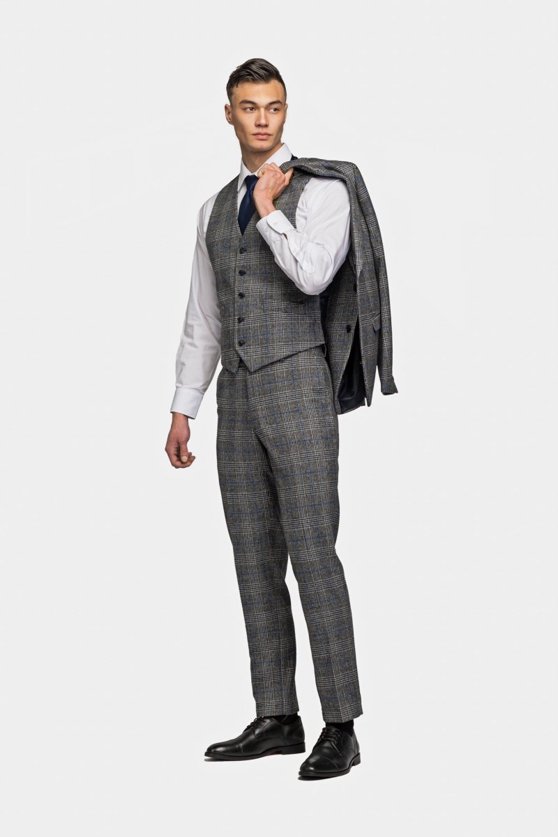 Gray Blue Flannel Plaid 3 Piece Suit - MenSuits